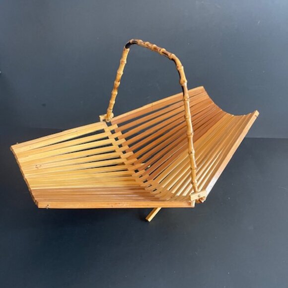 Set of  2 Vintage Mid-Century Bamboo Teak Folding Fruit Bowls w/ Handle, 1950s - Picture 3 of 9